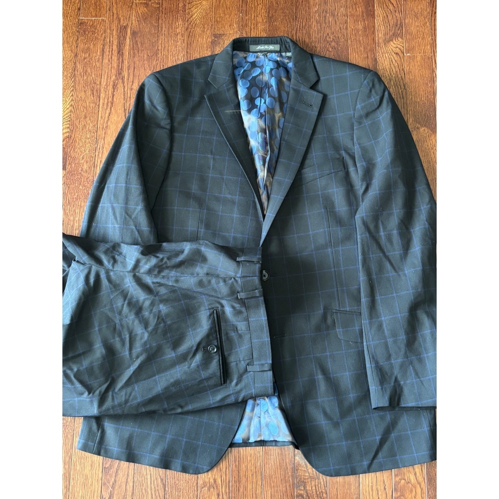 Indochino Custom Suit Black Windowpane Wool 2 Piece 44R 36x32
